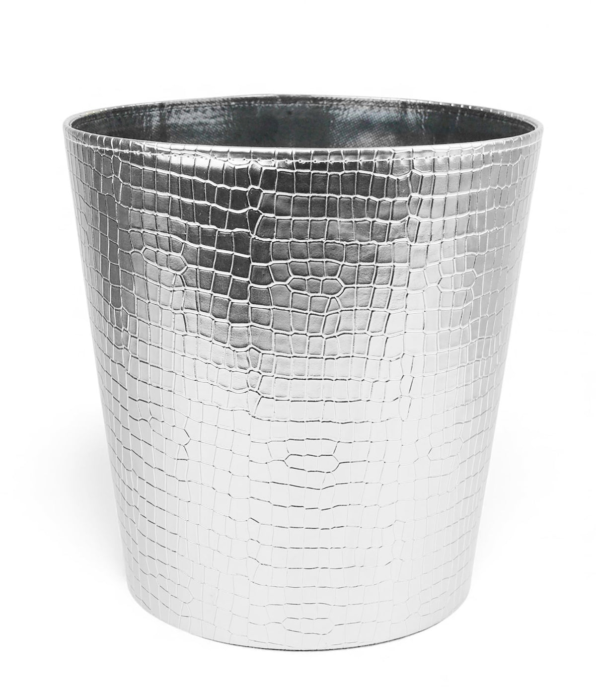 Emartbuy Luxury Croc Texture Faux Leather Dustbin Stylish Waste Bin- Silver