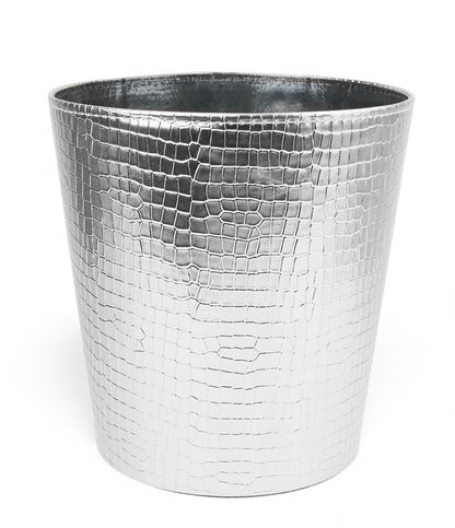 Emartbuy Luxury Croc Texture Faux Leather Dustbin Stylish Waste Bin- Silver