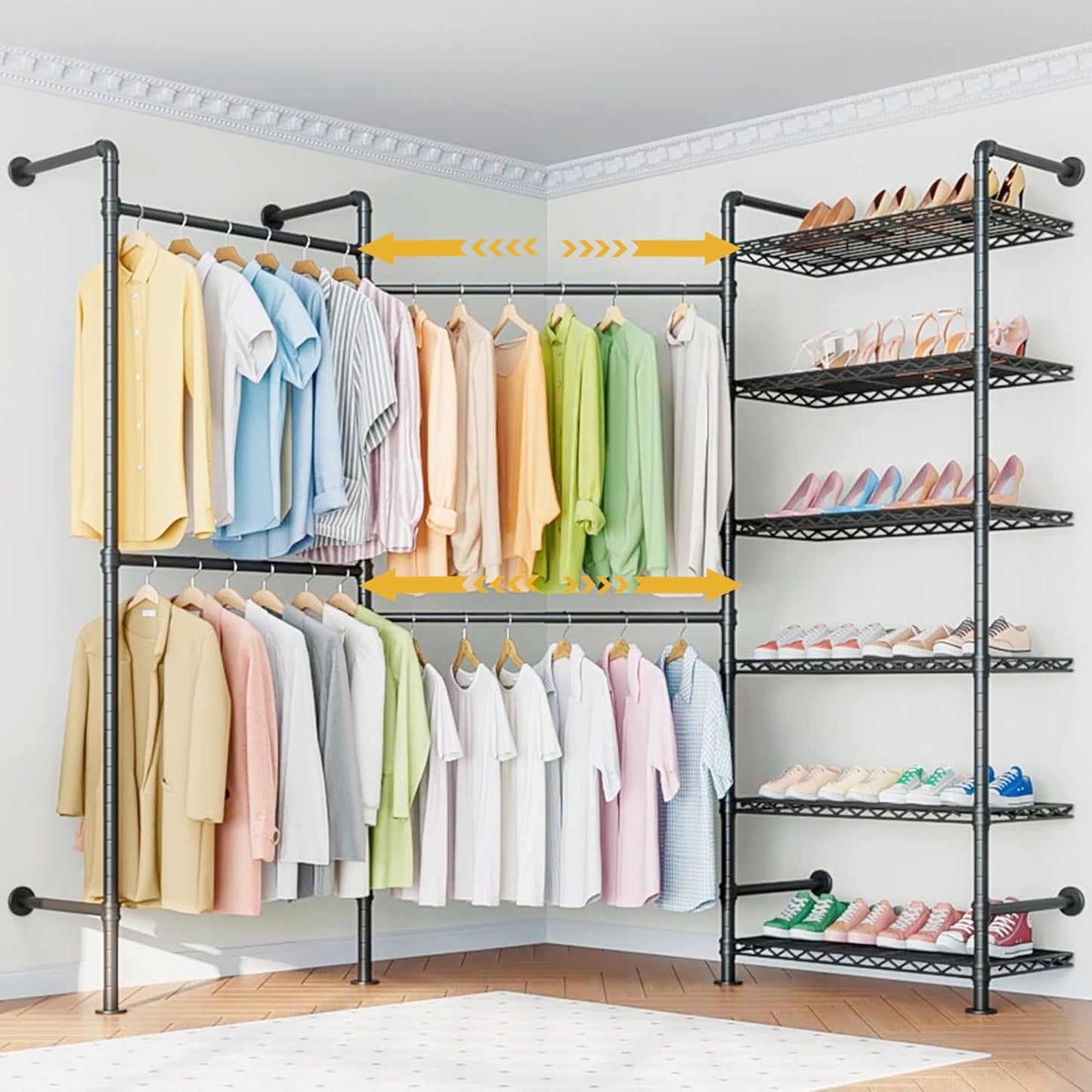 Wall Mounted Heavy Duty Clothes Rail with 6 Shelves 2 Expandable Rods