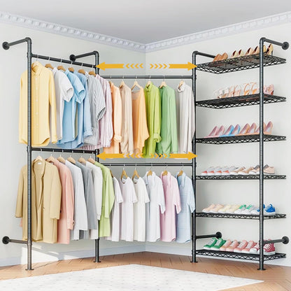 Wall Mounted Heavy Duty Clothes Rail with 6 Shelves 2 Expandable Rods