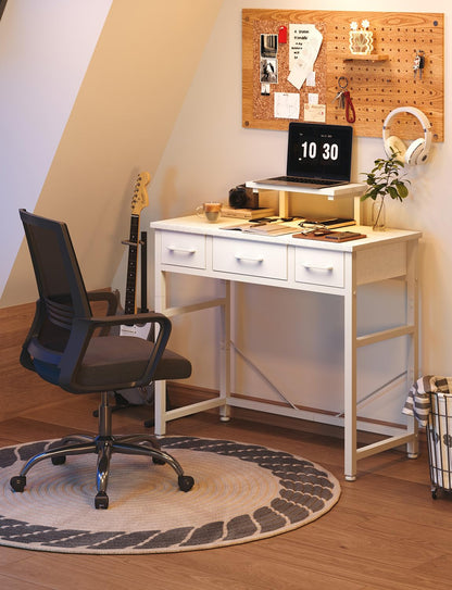 KitMent Small Desk with 3 Fabric Drawers, Small Computer Desk with Adjustable Monitor Stand and Hook, 76x36cm Table for Makeup Vanity