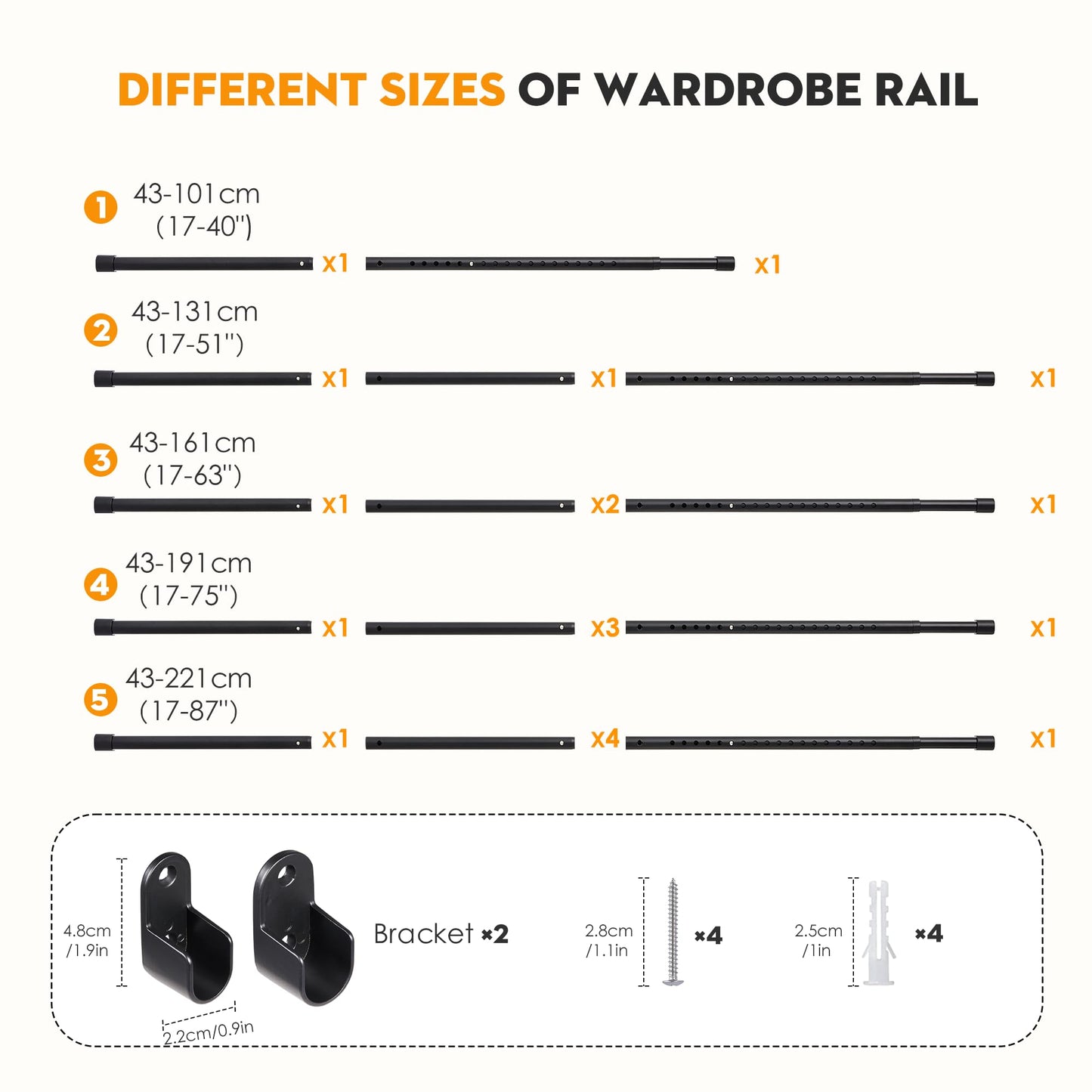 Poskena Black Wardrobe Rail, 25mm Wardrobe Rails and Fittings 43-131 cm