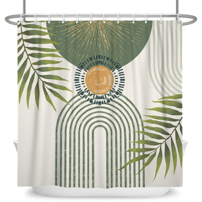 ASDCXZ Boho Shower Curtain 180 x 180 cm, Modern Abstract Green Palm Leaves Sun Bow Beige Washable Shower Curtains Polyester Textile Waterproof