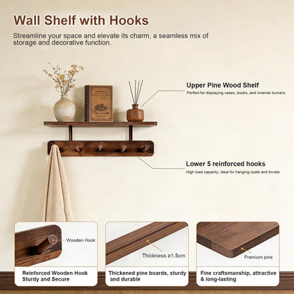 LEMIKKLE Pine Coat Hooks with Shelf, 2 Pack Coat Rack Wall Mounted