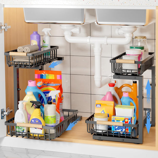 Kitchen Storage & Organisation, 2 Pack Under Sink Storage, Two Tiers of Pull-Out and Freely Adjustable Height Under Sink Organiser, Beautiful and