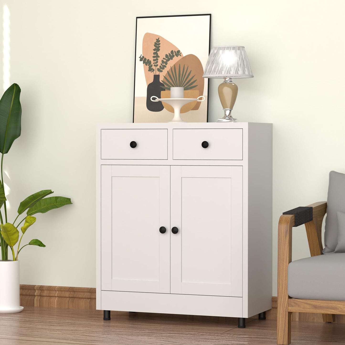 JINKUR Metal Storage Cupboard with 2 Drawers and Adjustable Shelf, Sideboard Buffet Cabinet for Home, Office, Hallway, Entryway, Living Room