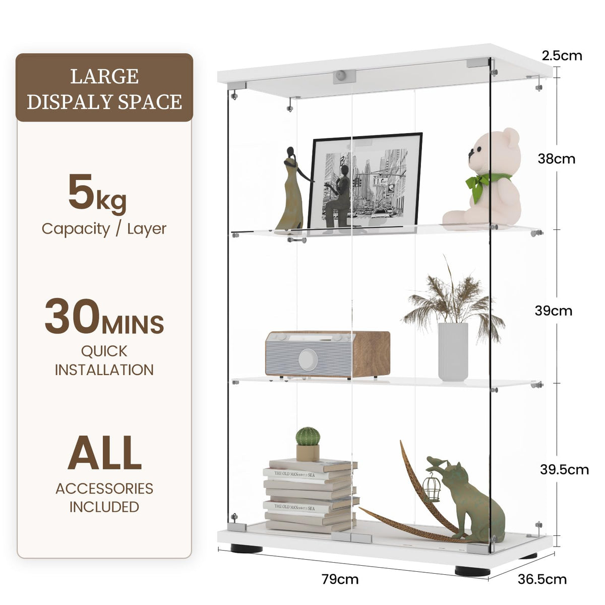 Beauty4U 3-Shelf Double Door Glass Display Cabinet, 125cm Tall, White