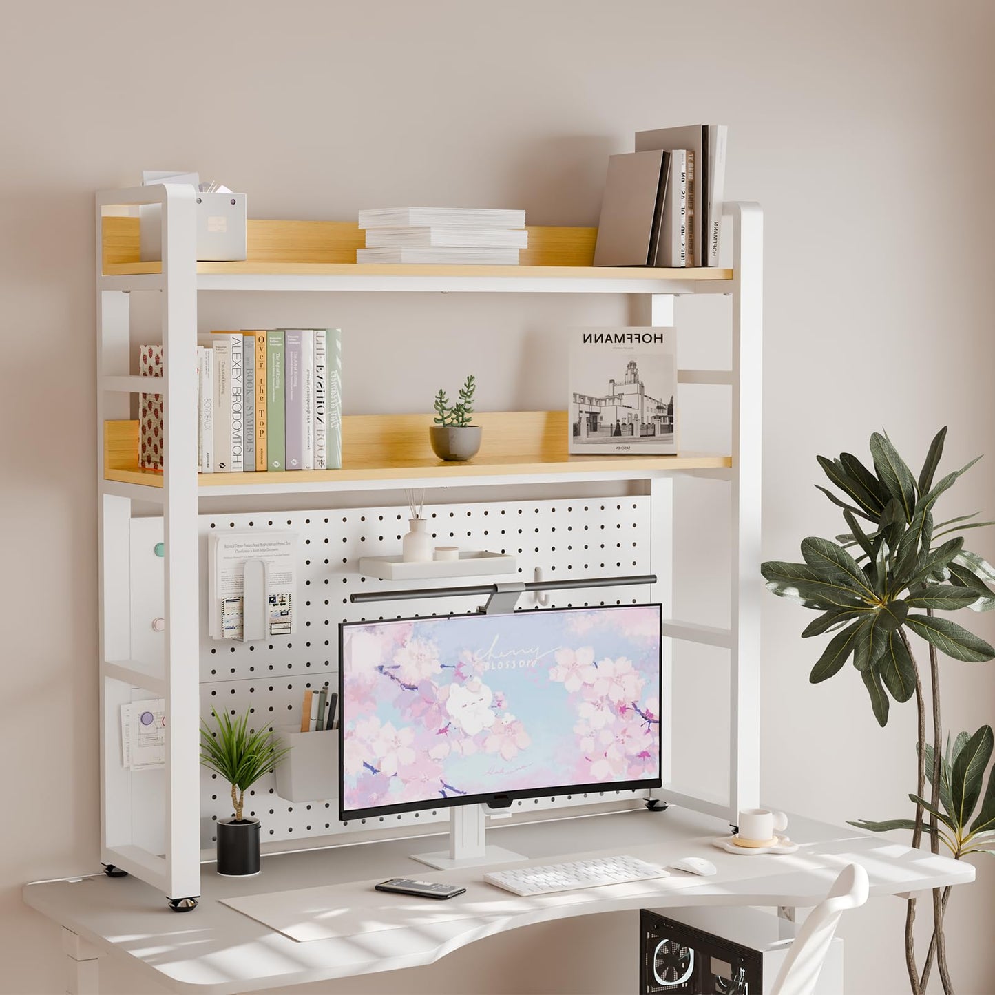 Boltmol 2-Tier Desk Shelf With Concealed Screws Design,Beige 95CM, Desktop Organizer With Pegboard, Countertop Storage Bookcase For Home