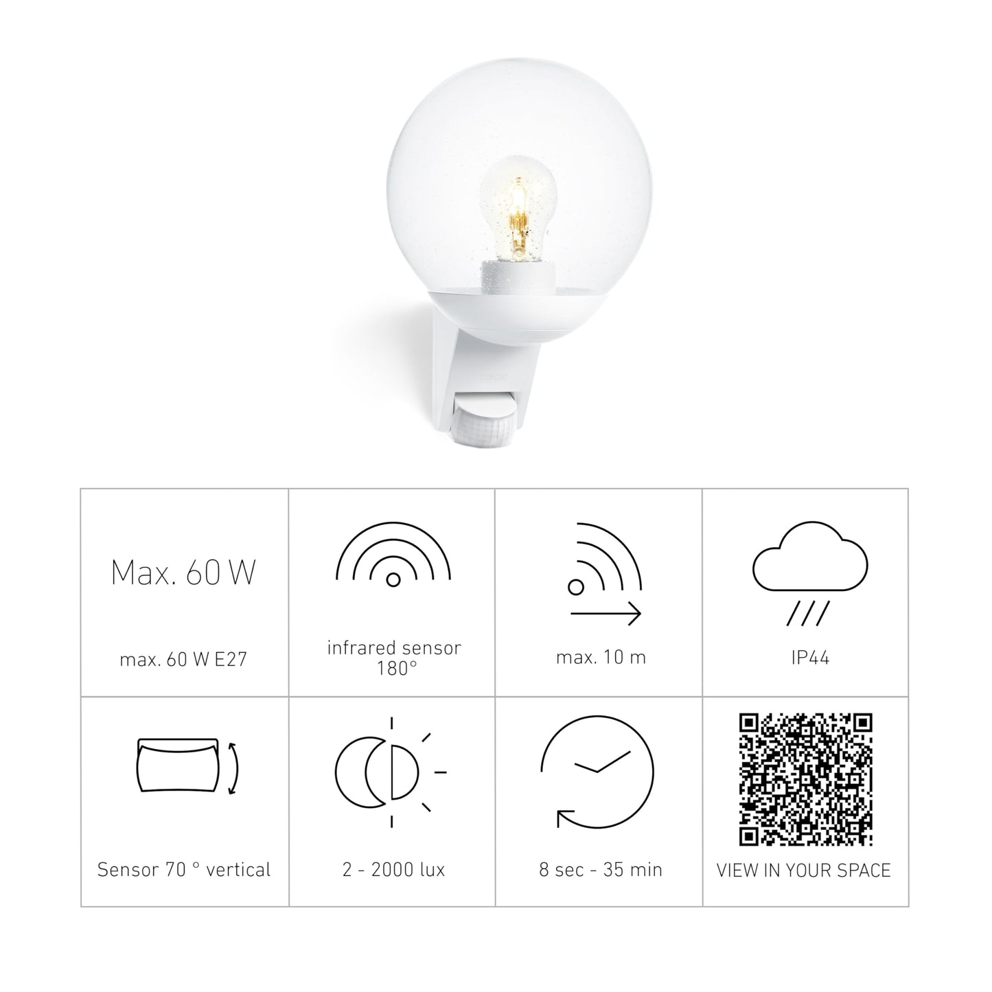 Steinel L 585 S Outdoor Wall Light White, 180 Motion Sensor, 10 m Reach, Maximum 60 W Light Bulb (Not Included), E27 Fitting