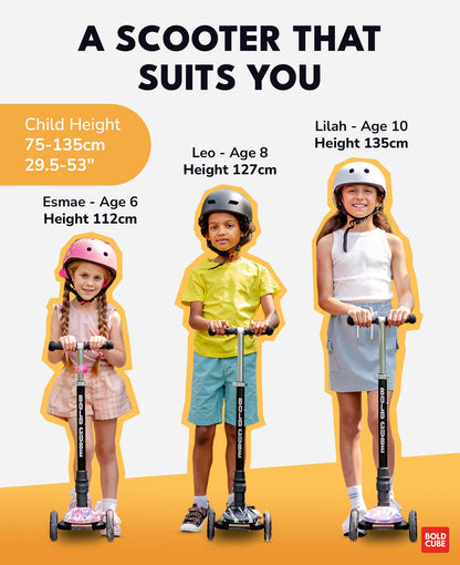 BOLDCUBE Big Fold Crystal Rubix | Three Wheel Scooter for Children Ages 5-10 Years | LED Wheels with Flashing Lights | Height Adjustable 65 to 89 cm |