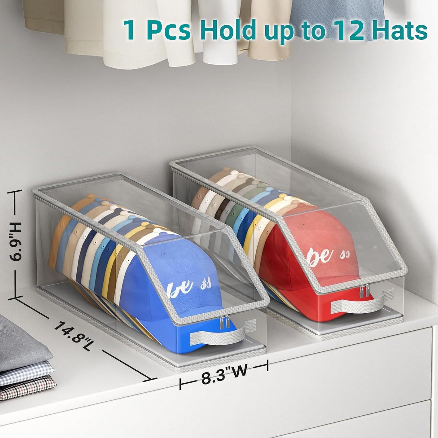 Monqueen Clear Baseball Cap Organizer Stackable Hat Box with Front Handle