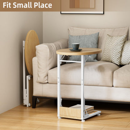Mutool C Shaped Side Table, Foldable Round Sofa Table with Metal Frame, Small Coffee Table for Living Room Bedroom Office, Light Walnut