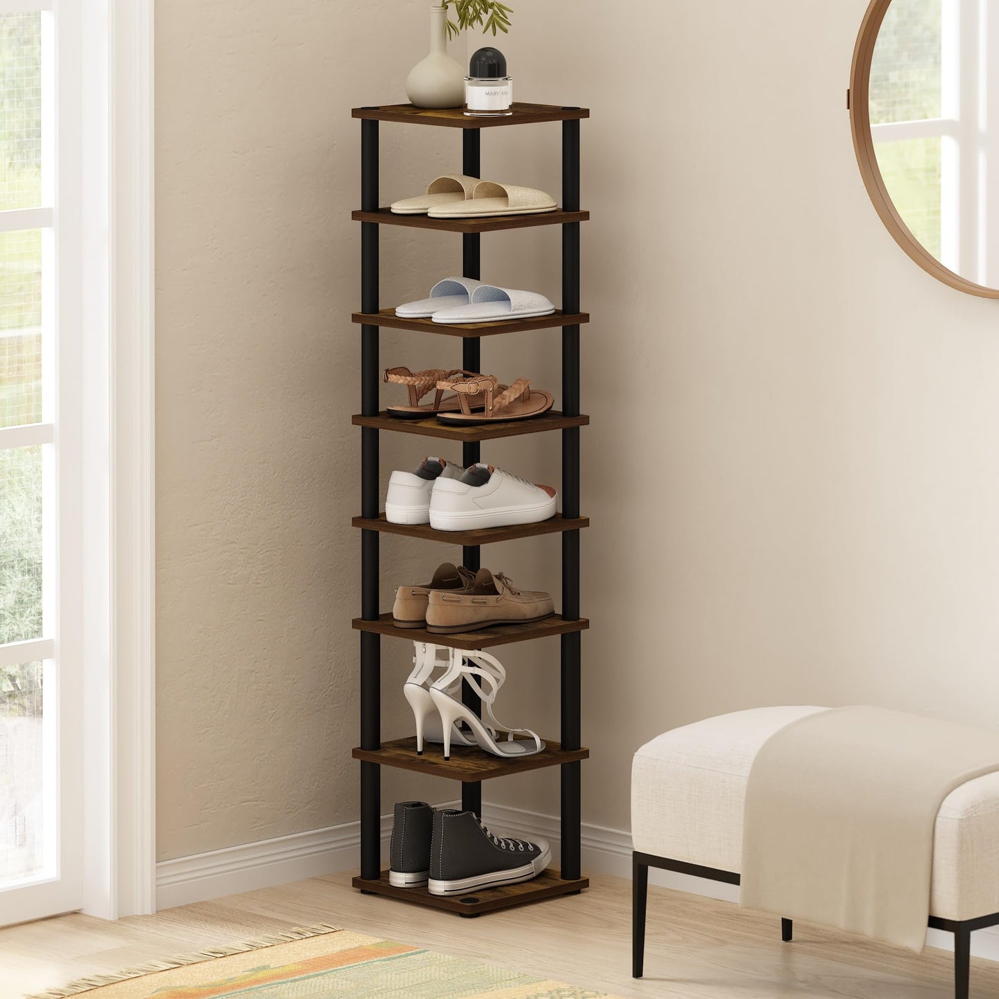 Furinno TURN-N-TUBE Shoe Rack, 8-Tier Shoe Organizer, Free Standing Shoe Storage with Vertical Space Saving Shoe Tower, 11.6 x 11.6 x 52.6