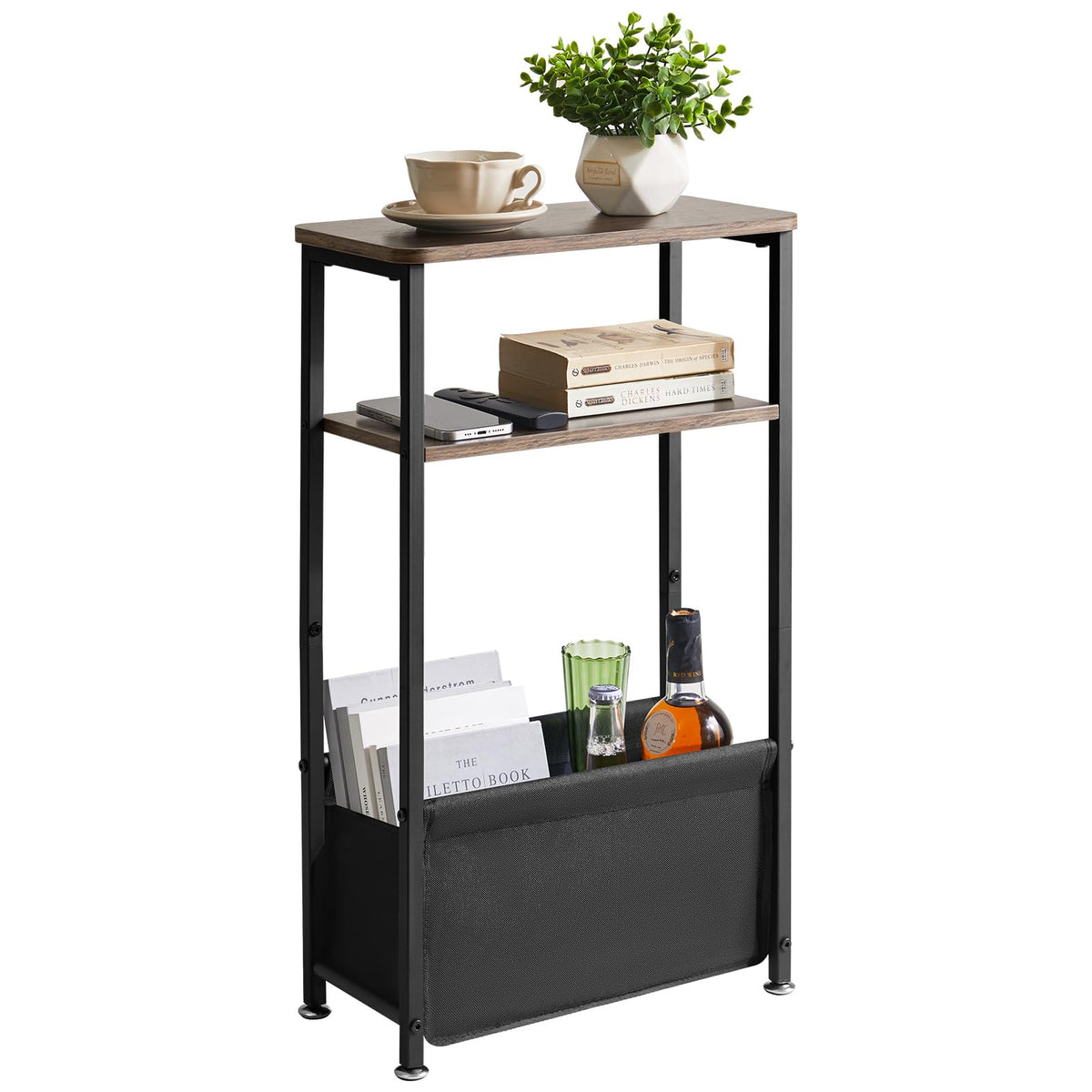 Aibiju Narrow Side Table, 3-Tier Slim End Table with Storage Fabric Basket,40x20x66cm Thin Nightstand Bedside Table for Living Room Bedroom Office