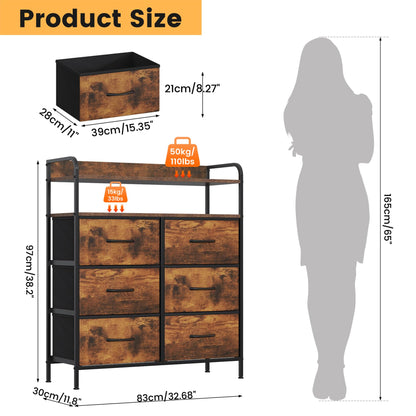 Feonase 6 Drawer Fabric Chest Of Drawers, Double Wooden Top Fabric Storage Tower - Sturdy Steel Frame Dresser for Bedroom/Living Room/Baby Room