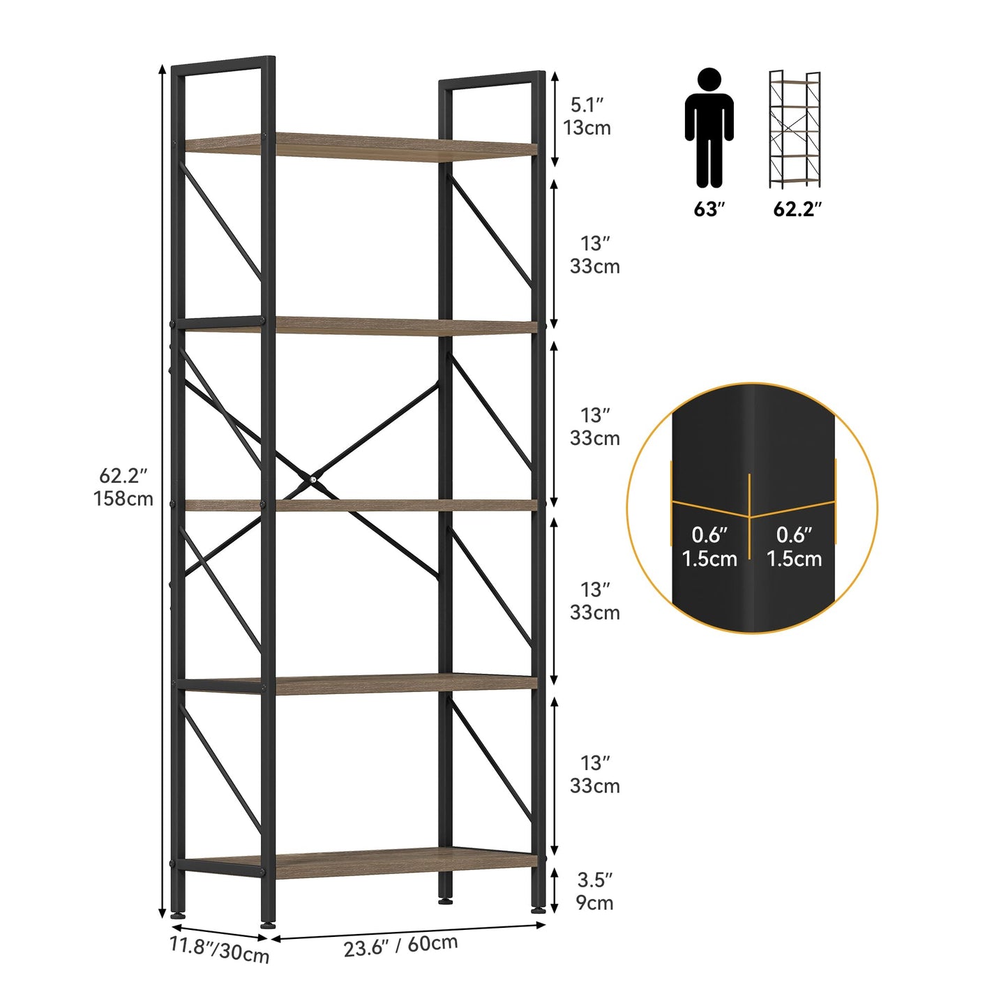 DWVO 5 Tiers Book Shelf, Wood and Metal Bookcase Storage Organizer, Industrial Bookshelf Tall Shelving Unit Display Rack for Living Room Kitchen