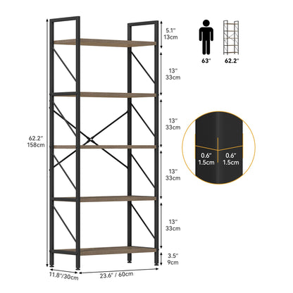 DWVO 5 Tiers Book Shelf, Wood and Metal Bookcase Storage Organizer, Industrial Bookshelf Tall Shelving Unit Display Rack for Living Room Kitchen