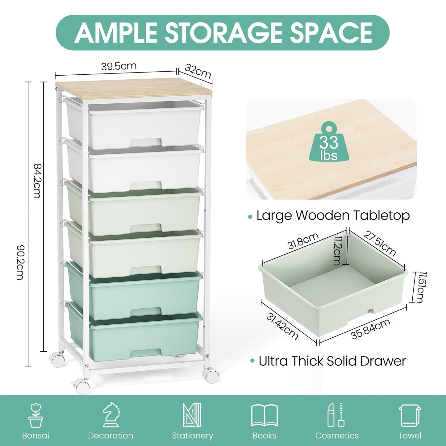 Rolling Storage Cart with 6 Drawers and Wooden Tabletop, Lockable Wheels Utility Cart for Art Studios, Office Supplies & Craft Room Organization