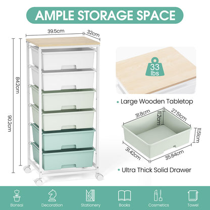 Rolling Storage Cart with 6 Drawers and Wooden Tabletop, Lockable Wheels Utility Cart for Art Studios, Office Supplies & Craft Room Organization