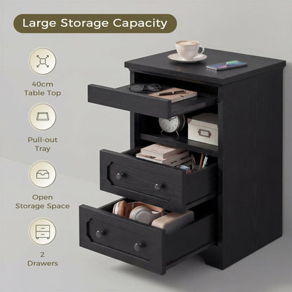 IRONCK Bedside Table Set of 2, Modern Nightstand with 2 Drawers, Open Shelf, End Table with Pull-Out Tray for Bedroom, Living Room, Black