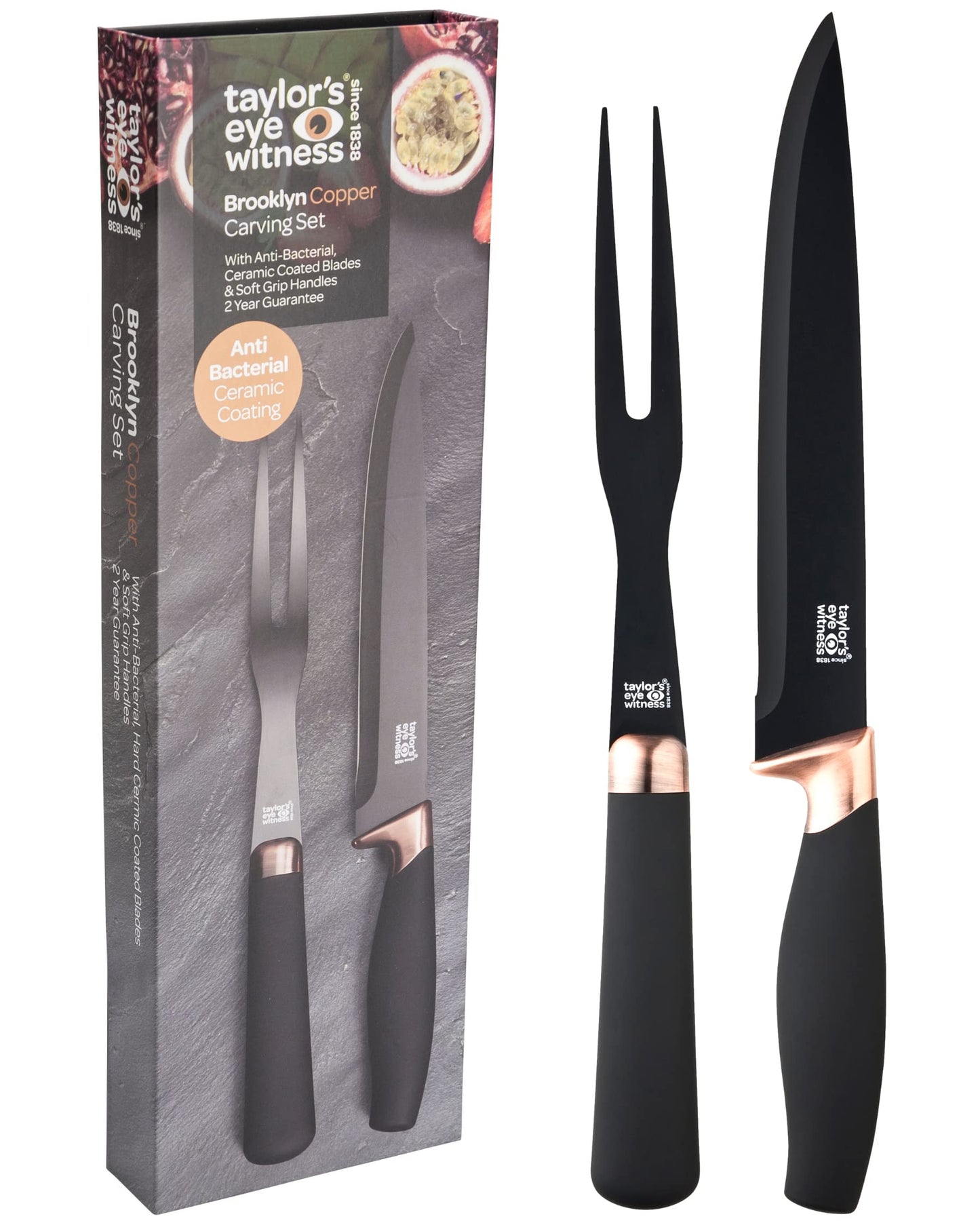 Carving Knife & Meat Fork Set - 20cm/8 Inch Classic Black Plated Blade. Strong, Stylish Two Prong Fork for Professional Chefs & Home Cooks. Copper