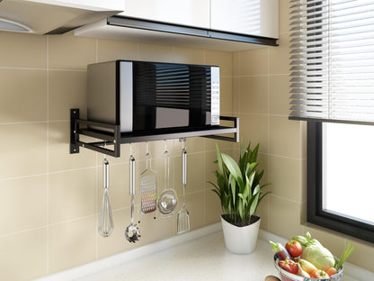 ABCOOL Wall Mount Microwave Oven Shelf Rack for Kitchen Home, Carbon Steel Counter Countertop Holder with Hook Rail and 3 Slidable Hooks