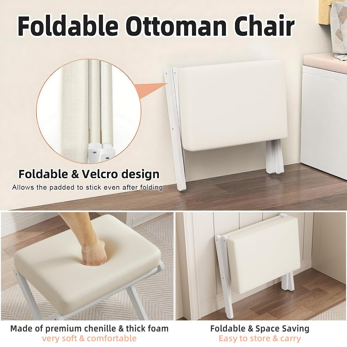 BAMBOOHOMIE Foldable Foot Stool Ottoman, Modern Foot Rest with Bamboo X Legs & Thick Foam Cushion