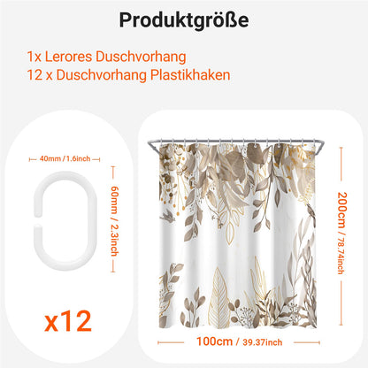 Lerores Shower Curtain, 100 x 200 cm, Grey Autumn Leaves, Weighted Hem, Anti-Mould, Water-Repellent