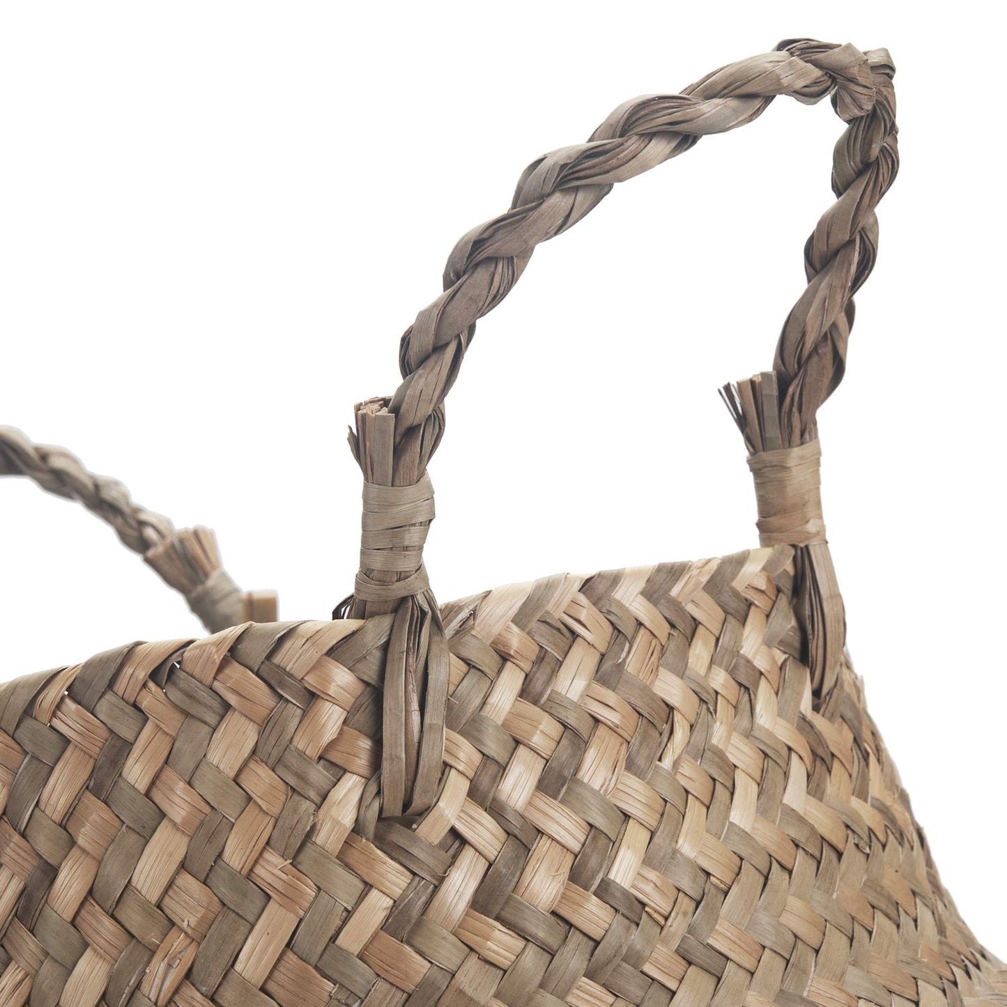 Seagrass Belly Basket Natural Woven Plant Pot Foldable with Handles for Storage Laundry Blankets Toys (Natural + White)