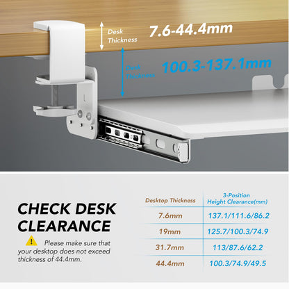 Keyboard Tray Under Desk Pull Out with Extra Sturdy C Clamp Mount System, 694 (838 mm Including Clamps) x 300 mm Slide-Out Platform Computer Drawer
