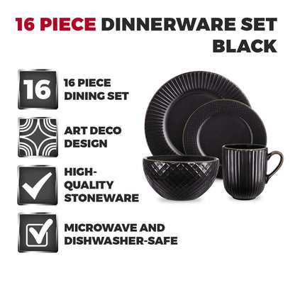 Tower T867002BLK Empire 16 Piece Dinnerware Set, Stoneware, Black and Brass