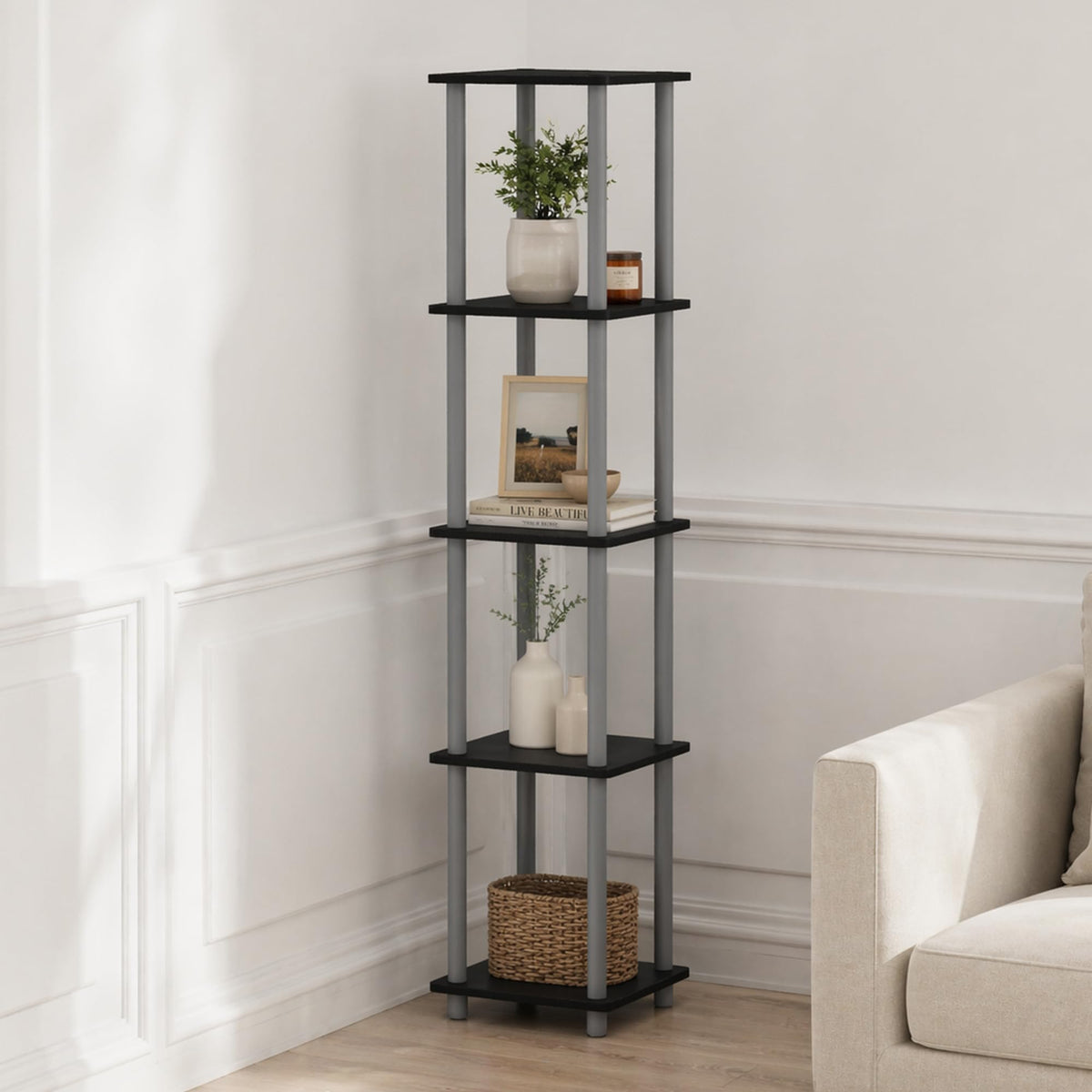 Furinno TURN-N-TUBE Storage Shelves, 5-Tier Square Book Shelf, Corner Shelf, Toolless Open Shelves, Round Tubes, for Organization and Storage