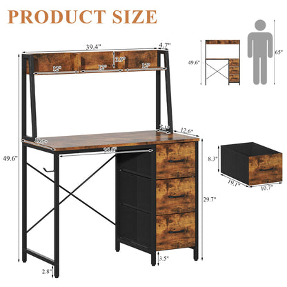 Feonase Industrial-Style Computer Desk with 3-Tier Wall-Mounted Shelf & 3 Fabric Drawers – MDF Desktop for Home Office, Study & Organization