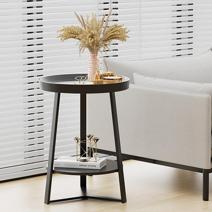HOME BI Round End Table with Storage Shelf, 2 Tier Farmhouse Circle Side Table Nightstand for Living Room, Bedroom,Black Wood Grain