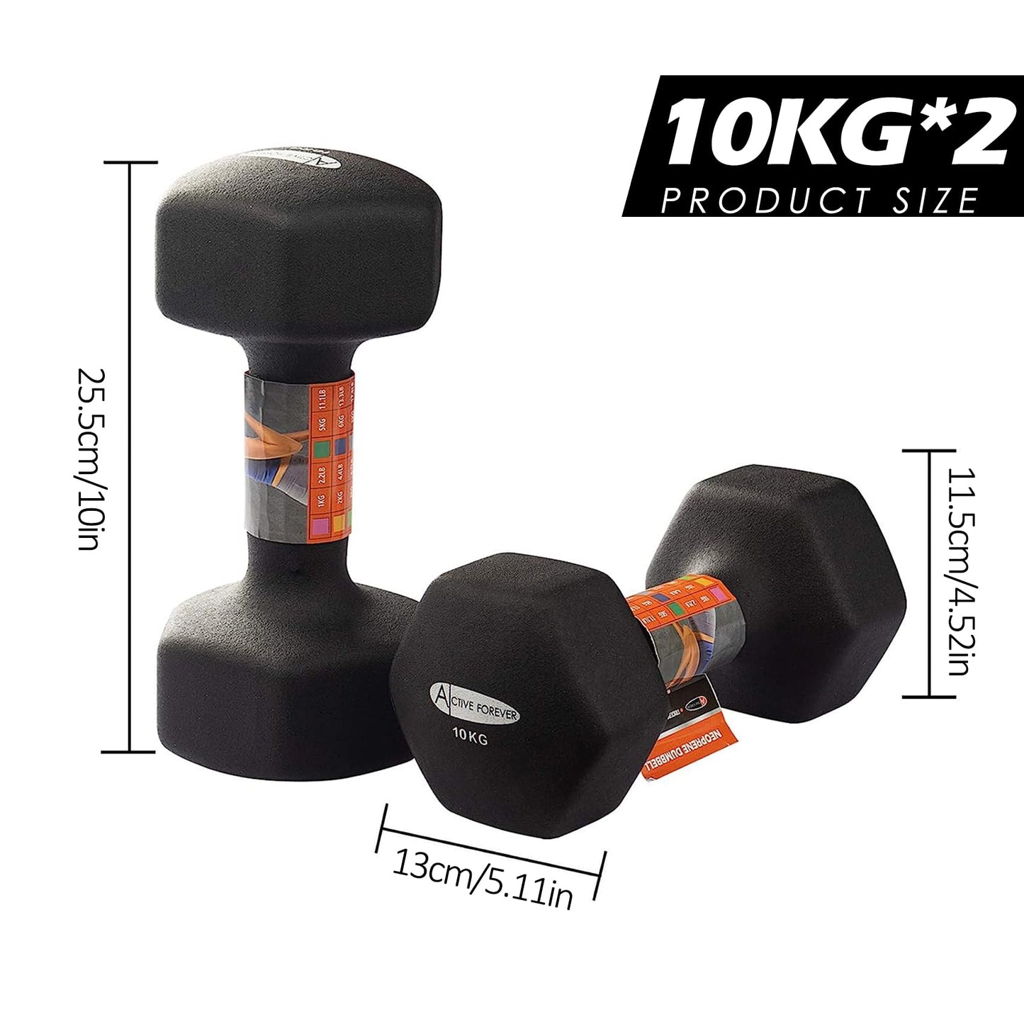 ACTIVE FOREVER Dumbbells 2?10kg, Set of 2, Hex Dumbbells Pair, Neoprene Waterproof Non-slip Dumbells Set (Black)