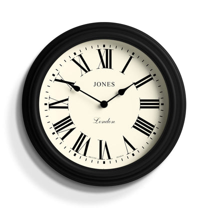 Jones Clocks Venetian wall clock | Classic round clock | 30cm | Black | Roman numerals | Traditional design ideal for kitchen, living room or bedroom