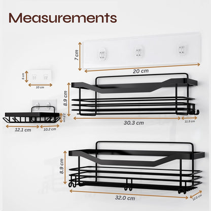 Zor Ventures Shower Caddy 3 Pack No Drill – Self Adhesive Bathroom Caddy, Wall Mounted Shower Organiser with Shelf & Rack, Soap Holder & Hooks