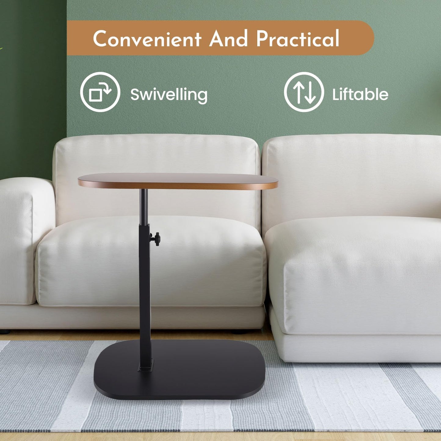 C-Shaped Side End Table, Adjustable Height Sofa Side Table, 360 Degree Rotating TV Tray, Perfect for Small Spaces, Sliding Rotating Bedside Table