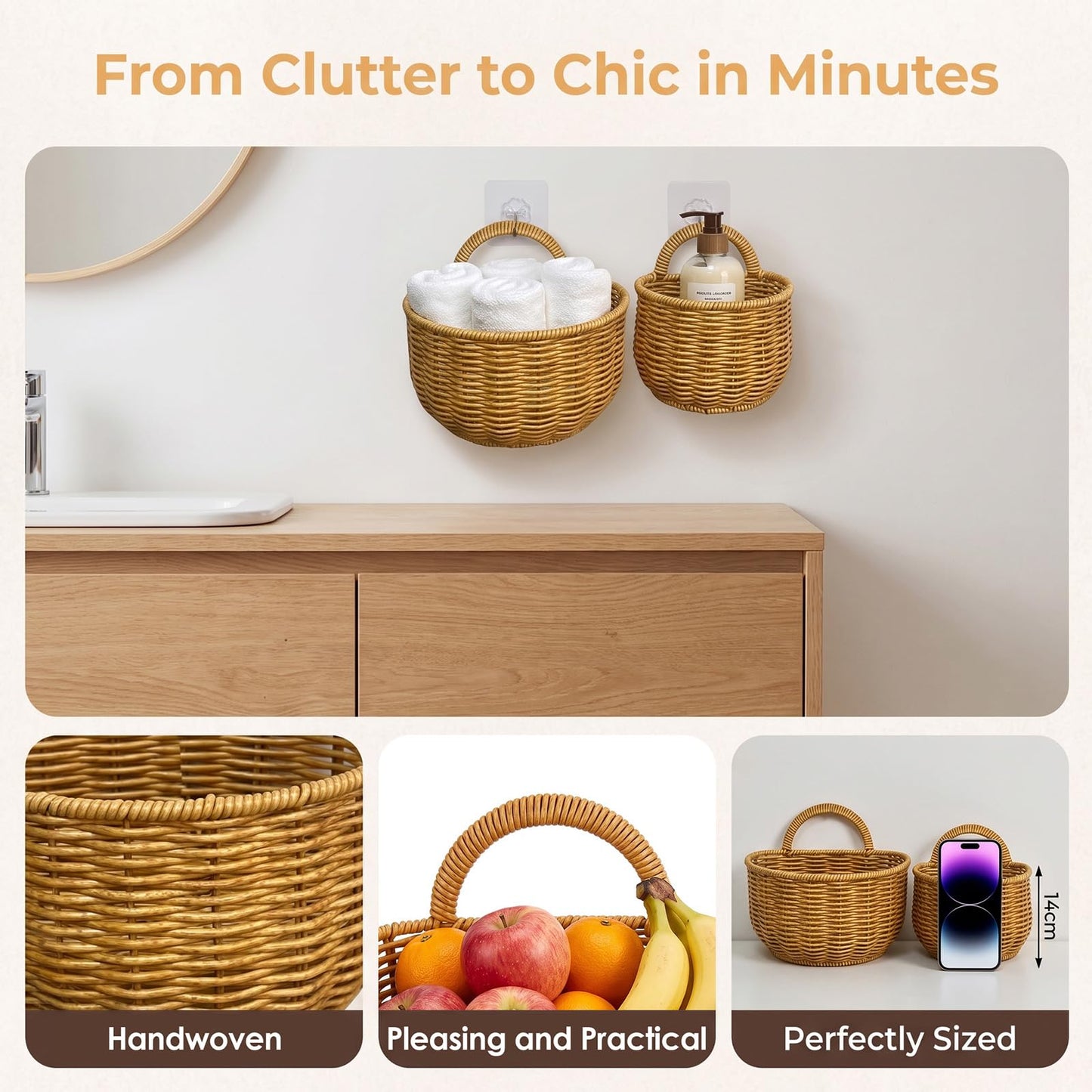 2 PCS Woven Storage Basket, Wall Hanging Storage Baskets, Kitchen Storage with hooks