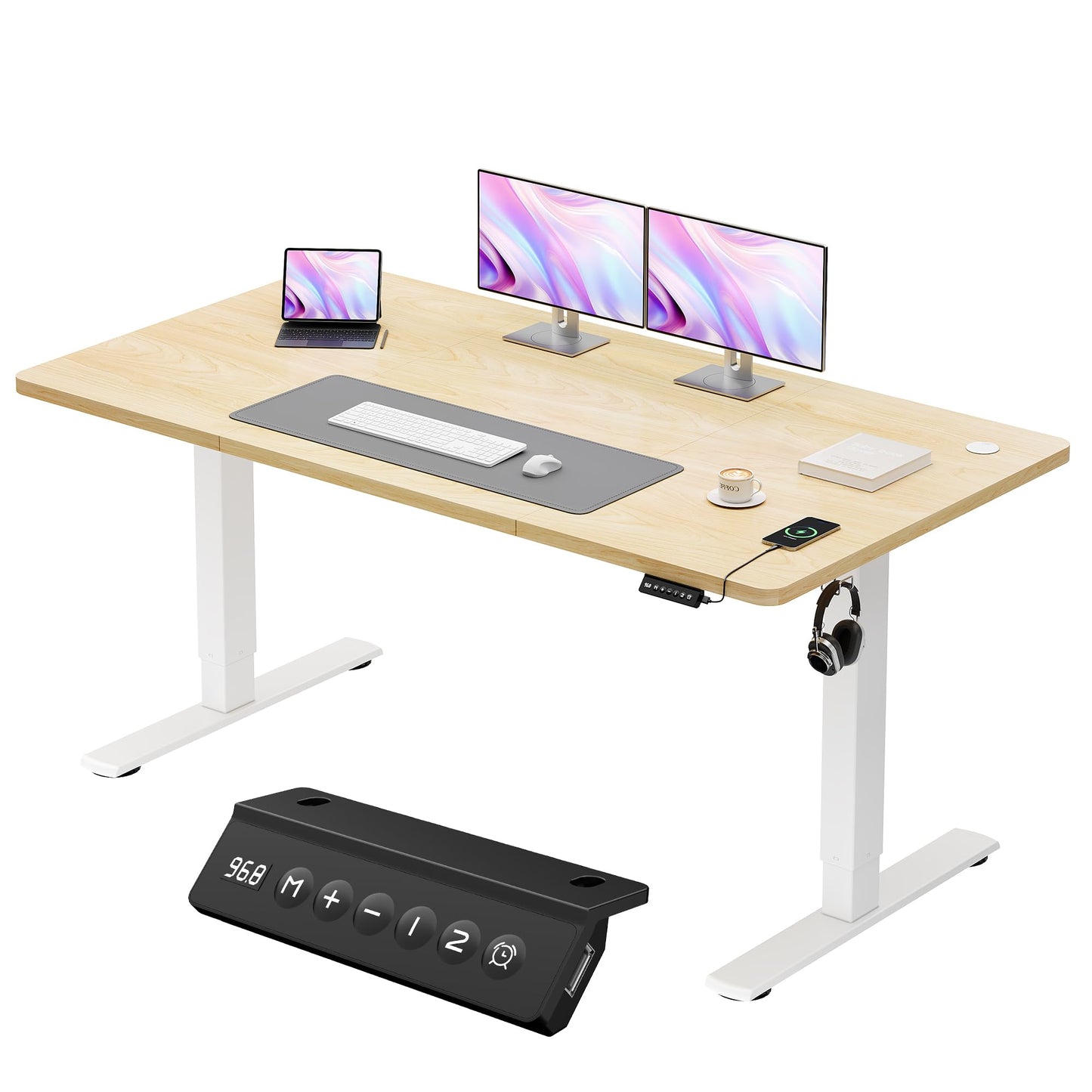 JUMMICO Electric Standing Desk 160x60cm – Height Adjustable with USB Charging, Sedentary Reminder, Memory Heights for Home Office Use, Beige