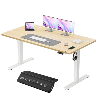 JUMMICO Electric Standing Desk 160x60cm – Height Adjustable with USB Charging, Sedentary Reminder, Memory Heights for Home Office Use, Beige