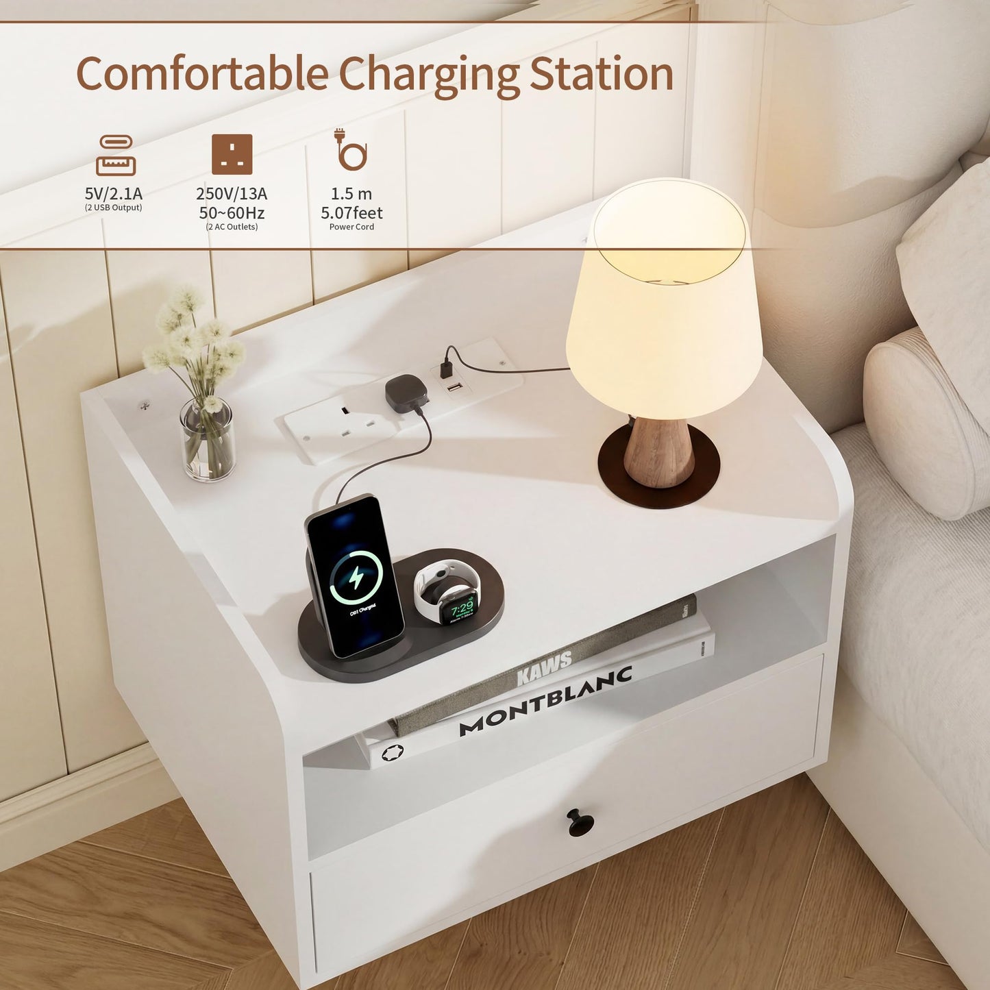 BonVache Set of 2 Floating Bedside Tables, Wall Mounted Bedside Table with Charging Station, Floating nightstand with Open Shelf and Drawer