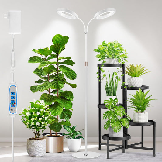 Aumtrly Grow Light - 2 Head White Full Spectrum Light With 68" Adjustable Stand for Large Tall Plants, 168 LED Floor Standing Lamp, 6/12/16H Timer, 5