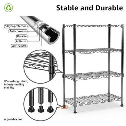 M MZG Height Adjustable Shelves,Heavy Duty Wire Pantry Shelving for Tool Sheds, Garage, and Storehouse,Metal,Black 4tier,35 x 60 x 135.8 cm