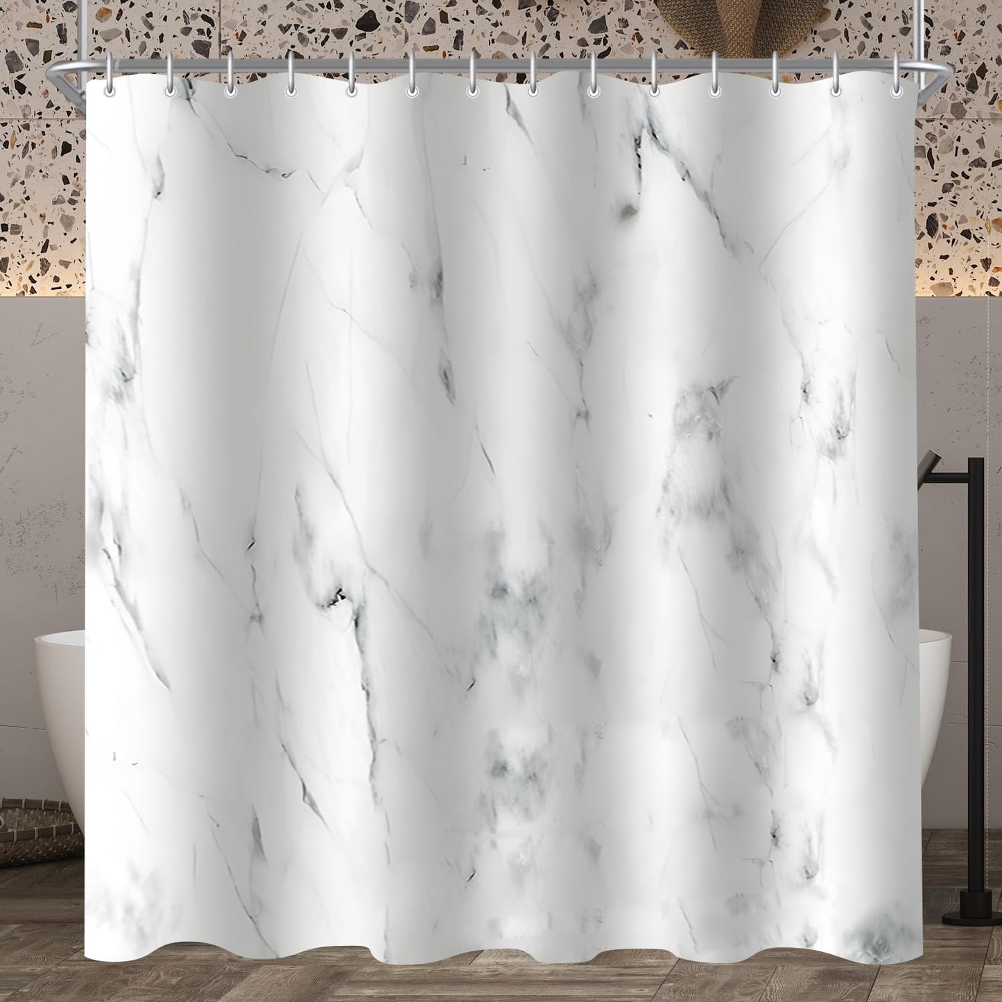 Lerores Shower Curtain, 200 x 200 cm, Marble, Weighted Hem, Anti-Mould Textile, Waterproof, Washable Polyester Fabric Bath Curtains with 12 Eyelets