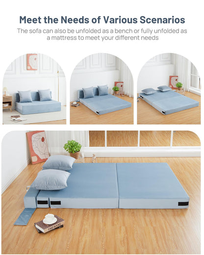 Aptliton 4-in-1 Folding Sofa Bed Double, Fold Out Sofa Couch with Velvet Cover & 2 Cushions, Floor Mattress Lounger for Living Room