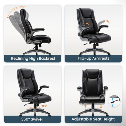 Ergonomic Executive Office Chair with Adjustable Lumbar Support, Flip-up Armrests, Double Padded Seat & Tilt Function