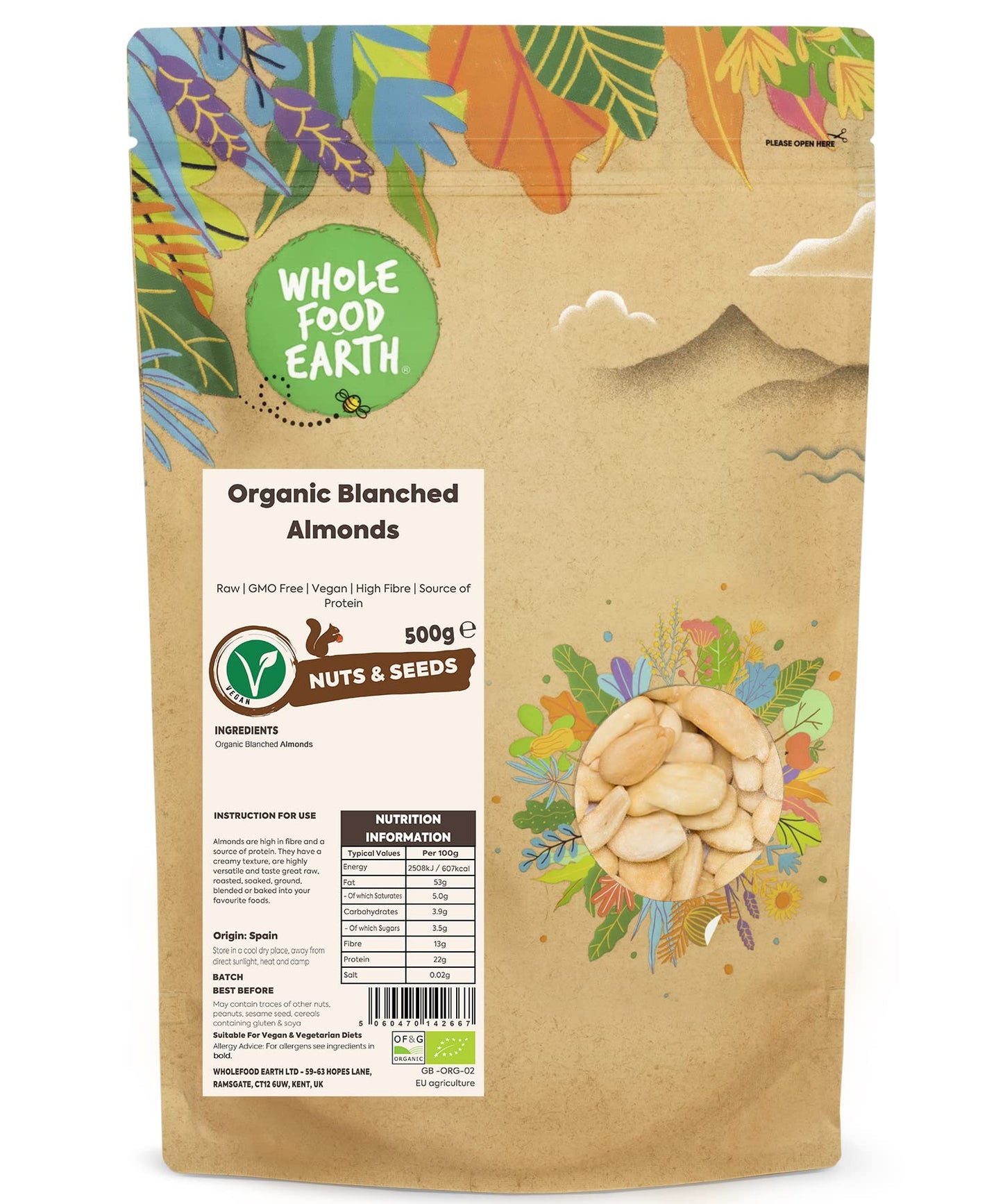 Wholefood Earth Organic Blanched Almonds ? 500g | Raw | GMO Free | Vegan | High Fibre | Source of Protein | Certified Organic