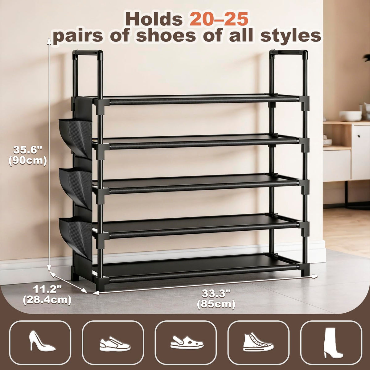 OYREL Shoe Rack 5 Tier 20-25 Pairs Shoes, Large Shoe Storage with Side Bag