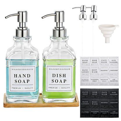 Pollock 2 Pcs 500ml Glass Soap Dispenser with 304 Stainless Steel Pump, Rustproof, Hand and Dish Soap Dispenser, with Labels and Tray, for Bathroom